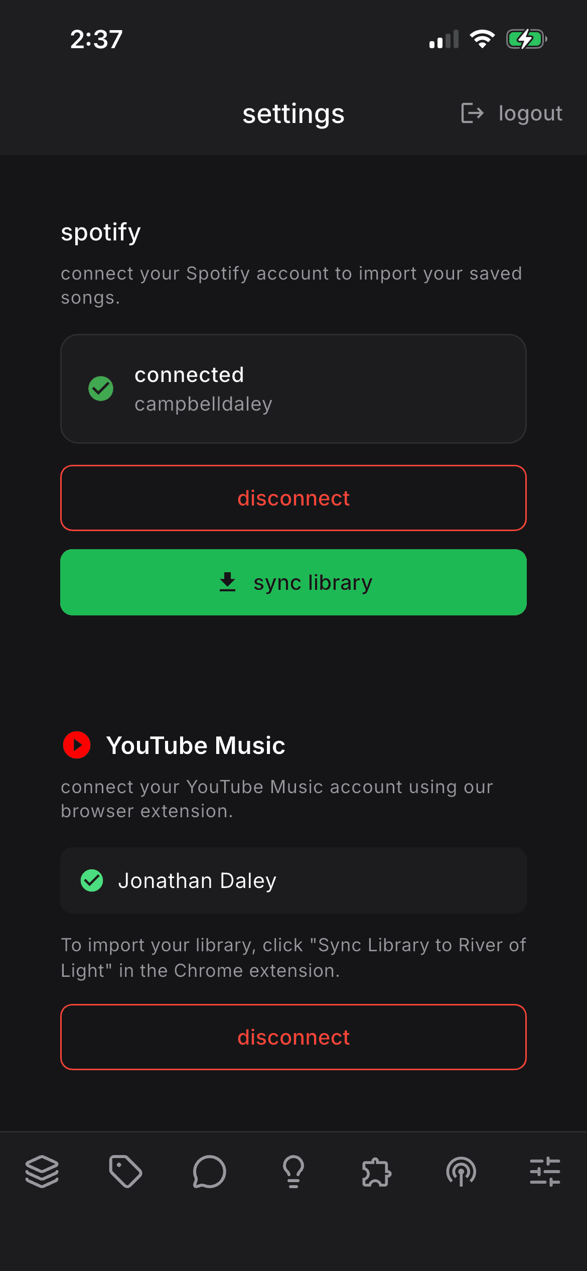 Spotify and YouTube Music integration settings