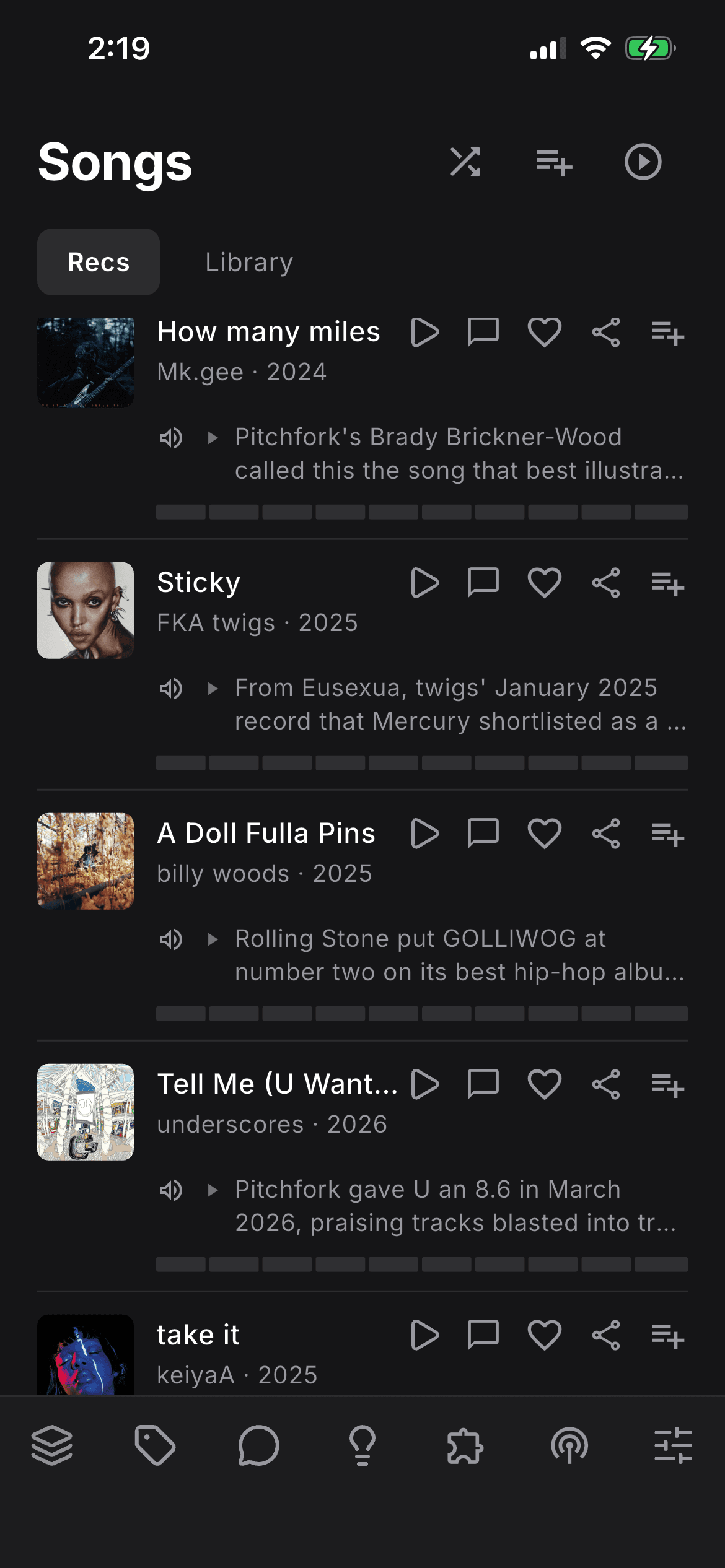 River of Light recommendation feed with per-song reasoning